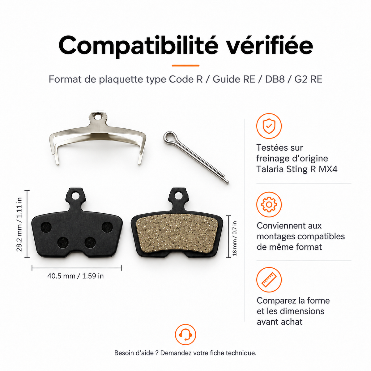 Compatibilité et dimensions des plaquettes de frein résine