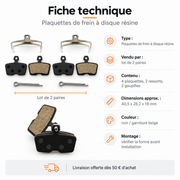 Fiche technique des plaquettes de frein résine vendues par lot de 2 paires