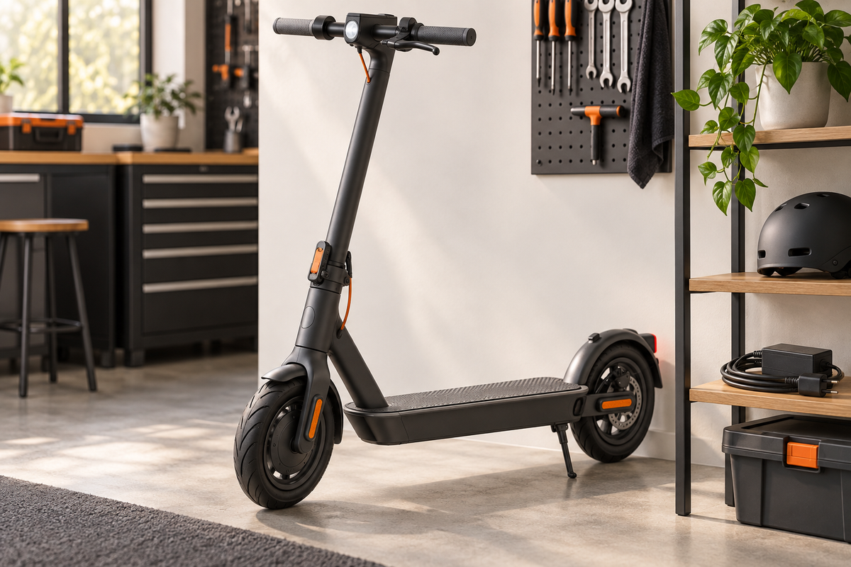 Trottinette électrique rangée au sec avec son chargeur séparé